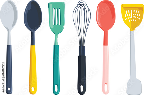 Set of kitchen utensils including spatula, spoon, and fork vector set