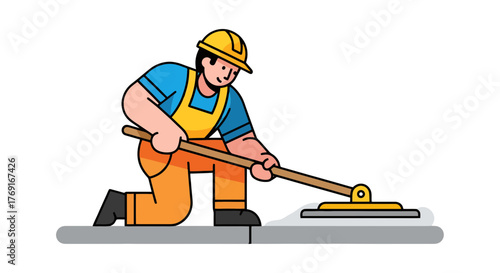 Construction Worker Smoothing Concrete With Tool On Knees With An Energetic Vibe