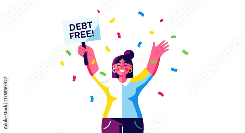 Celebrating Financial Freedom: Joyful Illustration of Debt-Free Status with Colorful Confetti
