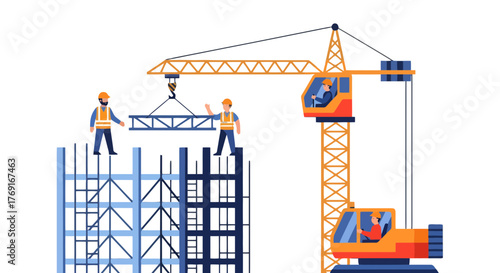 Construction Workers At Work With A Crane And Scaffolding On A Black Backdrop