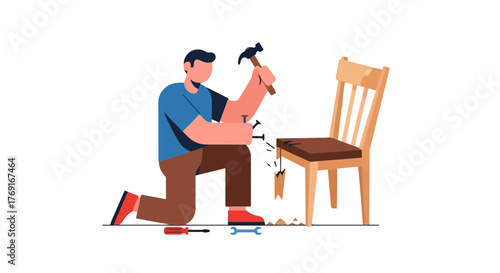 Chair Repair Illustration Depicting A Skilled Craftsman Restoring Furniture Piece