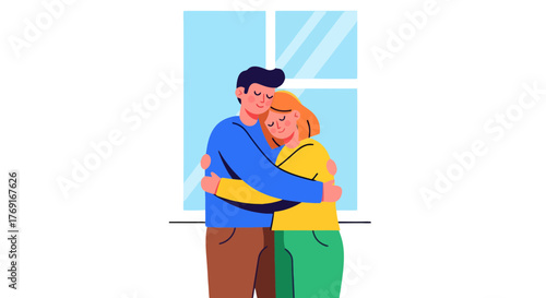 Couple Embracing Beside A Window Depicts Affinity, Togetherness, and Mutual Support