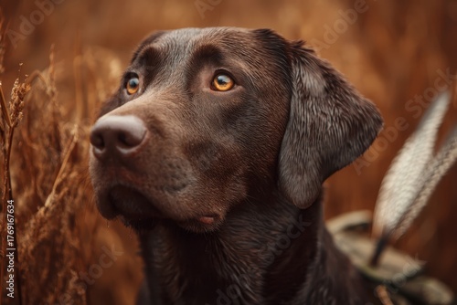 Chocolate brown Labrador retriever focused on game while hunting in a field of tall golden grass during a crisp autumn afternoon