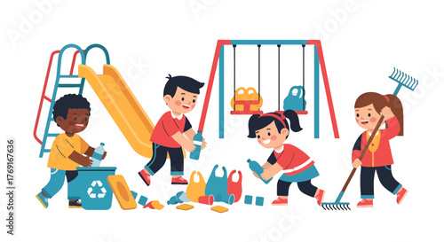 Children Cooperating To Recycle Plastic Bottles And Cleaning Up The Environment