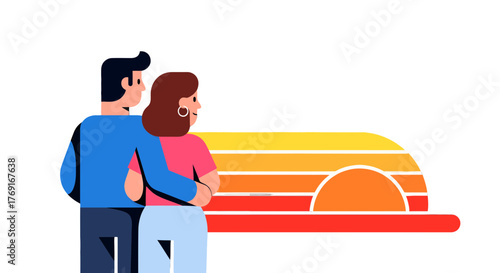 Couple Embracing, Gazing At a Sunset, Silhouetted Against a Black Background Display