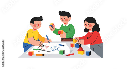 Children Cooperatively Creating, Drawing, And Building Together, Learning and Developing Skills