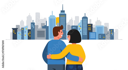 Couple Embracing, Looking At City, Night In Town, Urban View, Lovers In The City