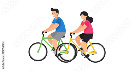 Couple Cycling Together on Colorful Bikes Enjoying a Leisure Activity Outdoors