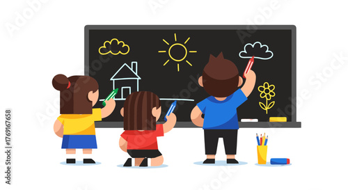 Children Drawing on a Chalkboard Depicting Sun, Clouds, House and a Flower