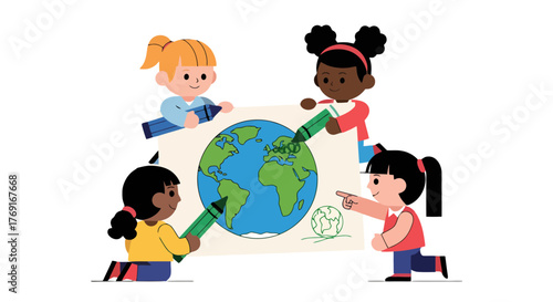 Children Drawing Earth Globe Together Representing Global Harmony and Unity Worldwide