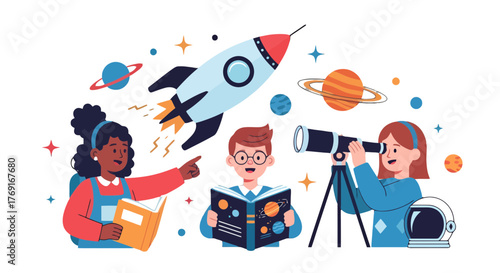 Children Exploring Space: Rocket, Telescope, and Solar System Study Illustration