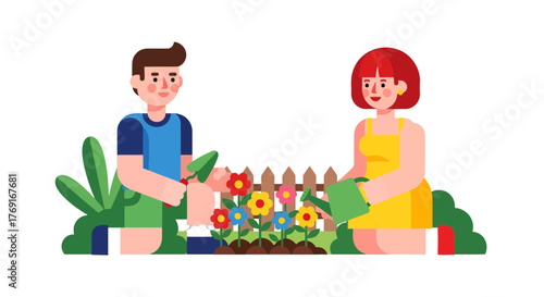 Couple Gardening Together Enjoying the Sunlight with Blooming Flowers During the Season