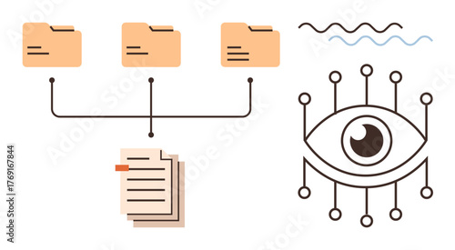 Three folders linked to documents, eye-shaped data visualization with circuit lines. Ideal for data management, file sharing, analytics, technology, cybersecurity, digital organization AI. Simple