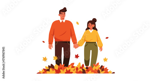 Couple Strolling Through Autumn Leaves Holding Hands Against A Black Background
