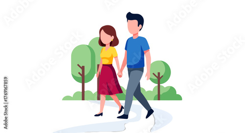 Couple Strolling Through Park, Hand In Hand, Enjoying A Peaceful Romantic Walk Together