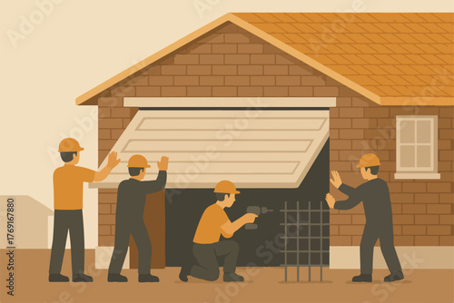 Garage door installation scene with workers