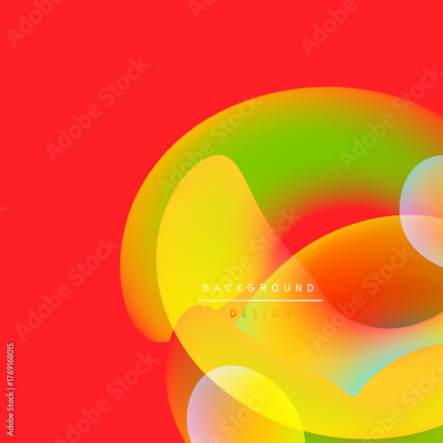 Abstract colorful shapes overlap, creating vibrant visual effect. Red background complements yellow, green, orange hues. Modern design element.