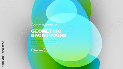 Abstract geometric background features vibrant overlapping shapes. Turquoise, green, yellow hues create modern design. Text included.