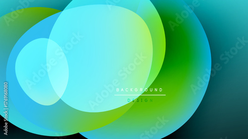 Abstract circles overlap, creating vibrant green, blue gradients. Dark background emphasizes luminous shapes, modern design element.