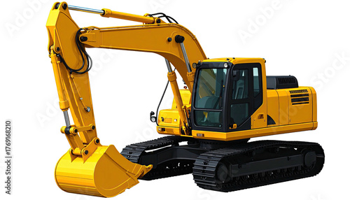 Excavator yellow construction vehicle with tracks, arm, and bucket