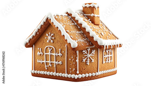 Festive gingerbread house decorated with icing snowflakes