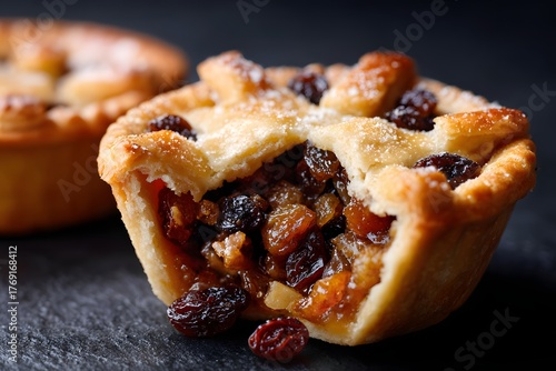 Close-up of delicious mince pie showcasing rich filling with dried fruits