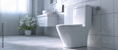 Modern white toilet in bright bathroom interior