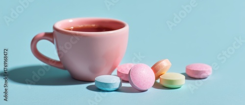 Pink cup and colorful tablets on blue background