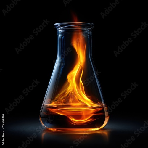 Bright flame burning inside a transparent laboratory flask on a dark background. Conceptual image symbolizing energy, chemistry, and scientific experimentation