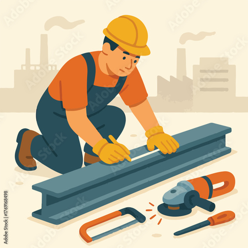 Construction worker measuring metal beam at industrial site