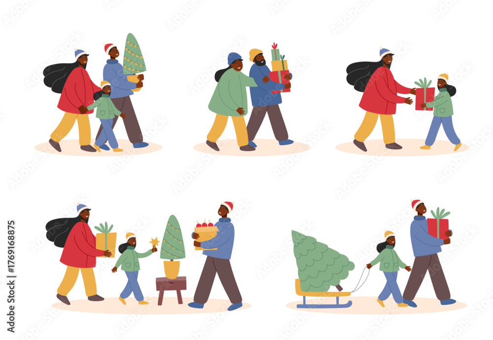 Fototapeta premium Flat vector cliparts of a happy family getting ready for Christmas. Concept of holiday mood and family togetherness. People illustration.