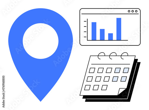 Blue location pin, calendar with marked dates, and bar graph visualization. Ideal for planning, scheduling, data analytics, mapping, event coordination productivity business strategy. Simple flat