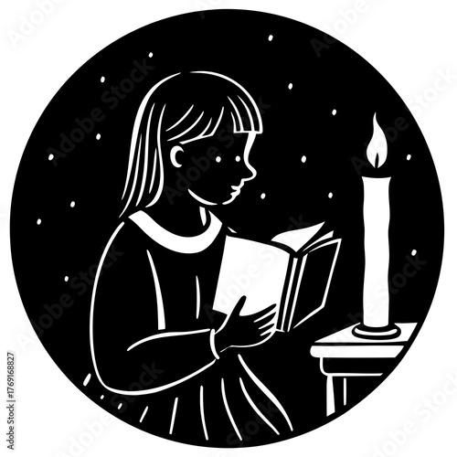 Child reading a book by candlelight in a starry night
