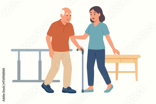 Elderly man with caregiver assisting with walking in care facility