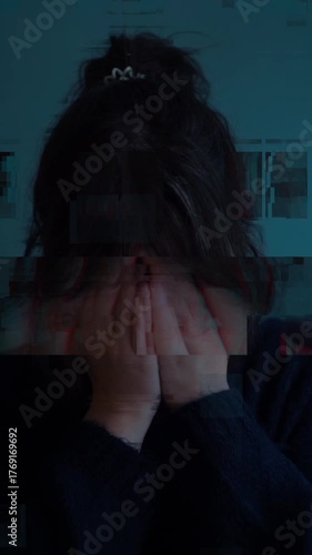 Glitched Portrait of a Tired Woman. Depression, Anxiety, Digital Crisis