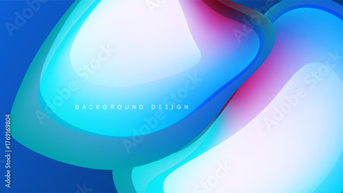 Abstract fluid shapes overlap, creating vibrant blue, pink, white gradients. Dark background emphasizes luminous forms. Modern design element.
