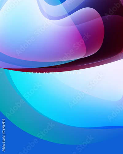Abstract flowing shapes, vibrant blues, purples, whites create dynamic background. Smooth gradients suggest movement, depth. Modern design element.