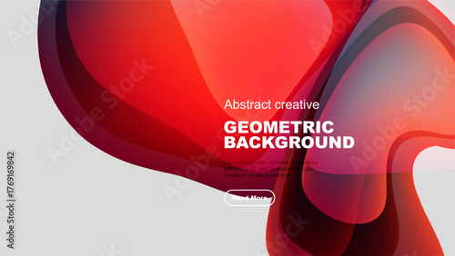 Dynamic fluid shapes, vibrant reds, whites blend. Modern geometric design creates abstract background. Text invites further exploration.