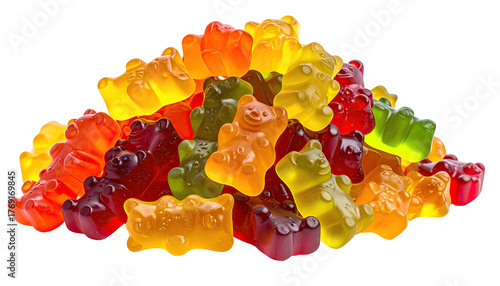 Colorful pile of gummy bears, various fruit flavors & textures