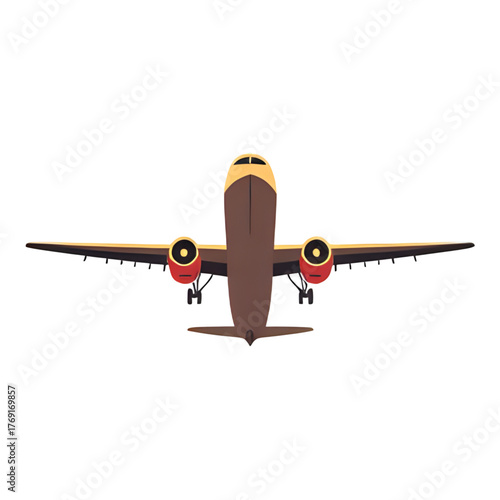 Front view of a brown passenger airplane with wings and two engines, ready for flight.