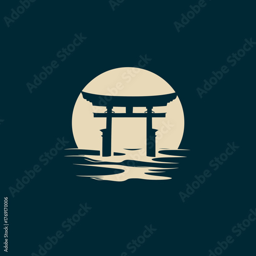 Silhouette of japanese torii gate against moon and water