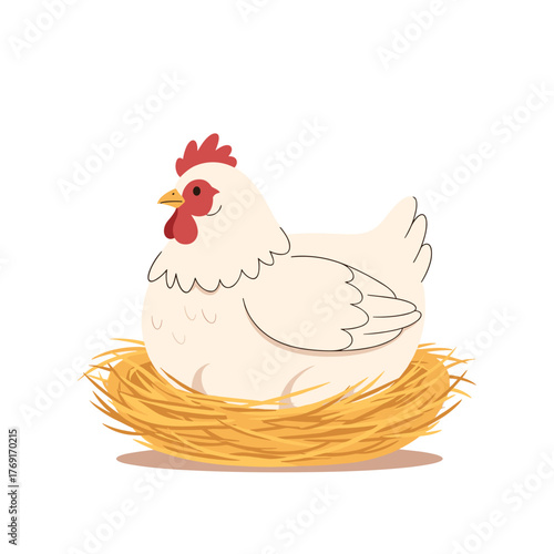 A white hen is sitting on her eggs in a straw nest waiting for them to hatch.