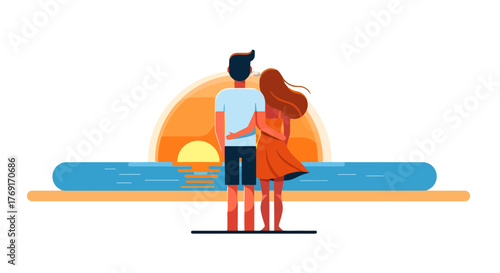 Couple Watching The Sunset On Beach With A Beautiful Sea View At Dusk