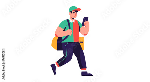 Digitally Illustrated Delivery Courier Inspecting Device, Walking on a Black Backdrop