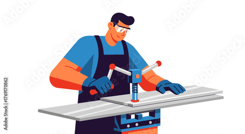 Craftsman Using Drill Press to Work on Metal Plate Against a Black Background