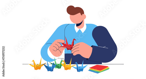 Creative Handcraft Of Origami Cranes With Geometric Elements In Vivid Colors