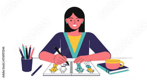 Creative Illustrator Designing Sketches of Animals and Cup of Coffee on the Desk