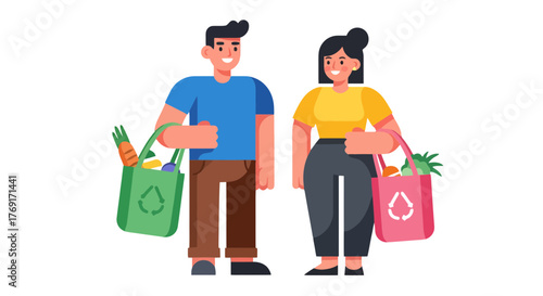 Eco-Conscious Couple Carrying Shopping Bags Filled With Fresh Organic Groceries