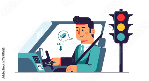 Eco-Friendly Driving Illustration Depicting Reduced Emissions Through Innovative Vehicles