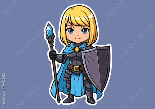 Chibi warrior mage gaming mascot with staff and shield - Gaming logo - Gaming Mascot - esport mascot stock illustration